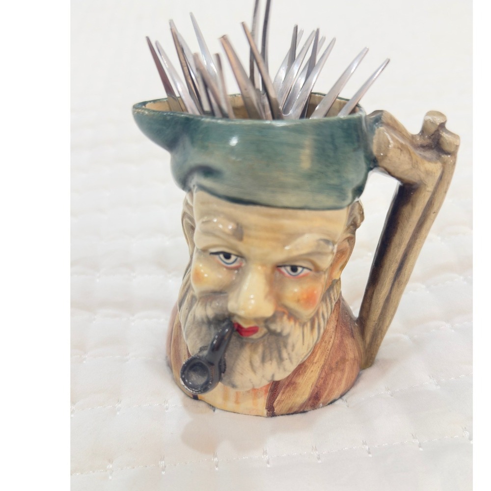 Vintage Unbranded Toby Jug Fisherman Ceramic Appetizer Fork Holder with 12 Forks